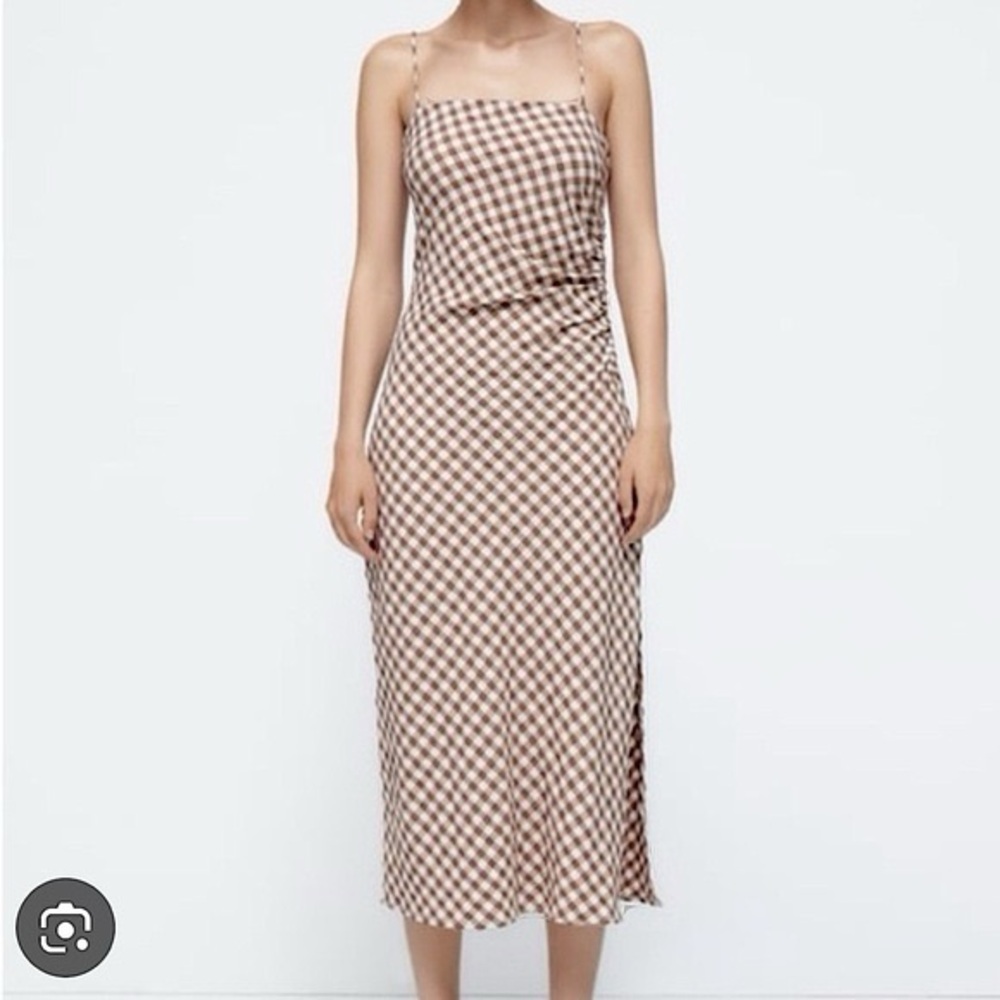 Zara Brown and White Gingham Midi Dress